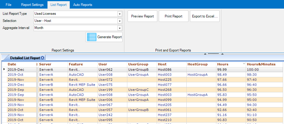 JTB FlexReport - Used Licenses list report